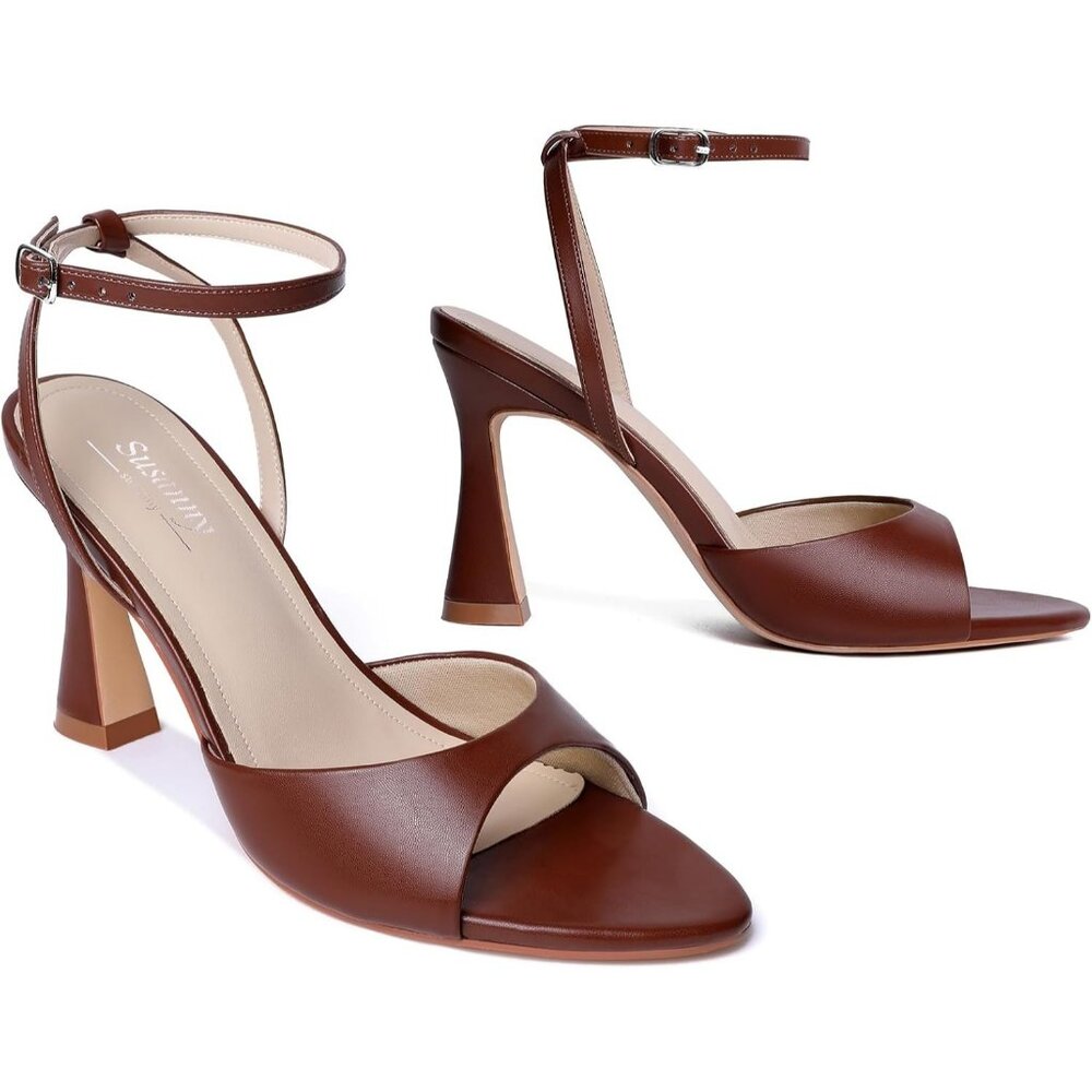 Women's Brown Tan Open Toe Strappy Block Ankle Strap Hight Heeled Sandals Shoes - Picture 8 of 9